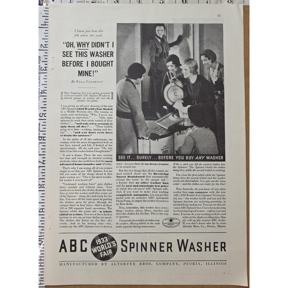 1933 ABC World's Fair Spinner Washer Advertisement Vintage Retro Home Appliance - Picture 2 of 2